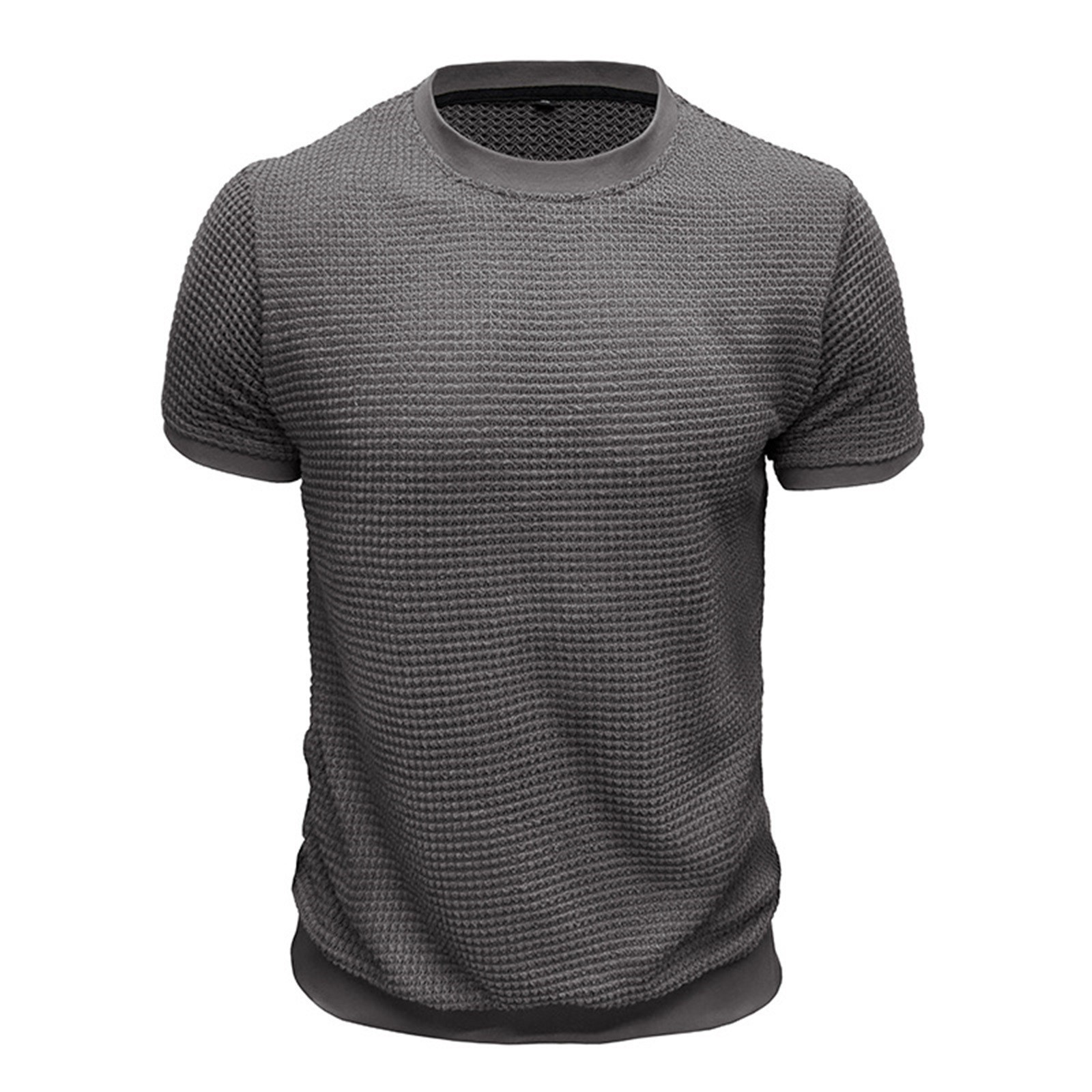 thumbnail image 2 of Camiseta de manga corta de punto para hombre - Color liso, diseño acanalado, deportiva informal - S-XXL, 2 of 6